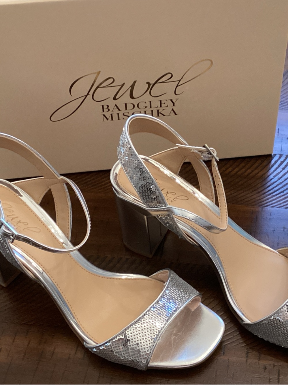 Jewel Badgley Mischka Silver Sequin Block Heel Sandals
